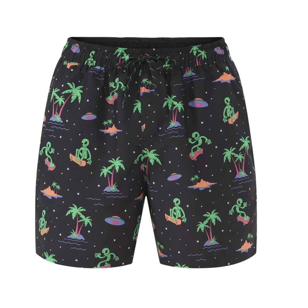 No Boundaries Men's Elastic Waist Swim Trunks, 6" Size Medium Skating Aliens NWT